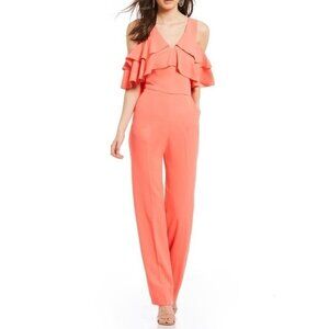 Trina Turk Women’s Coral Crepe Josephine Cold-Shoulder Ruffle Jumpsuit. …